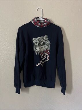 Navy Women’s Crewneck Sweatshirt with Cat Graphic and Plaid Neck Detail